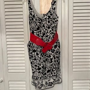 Vintage Black and White Pattern Dress with Red Belt